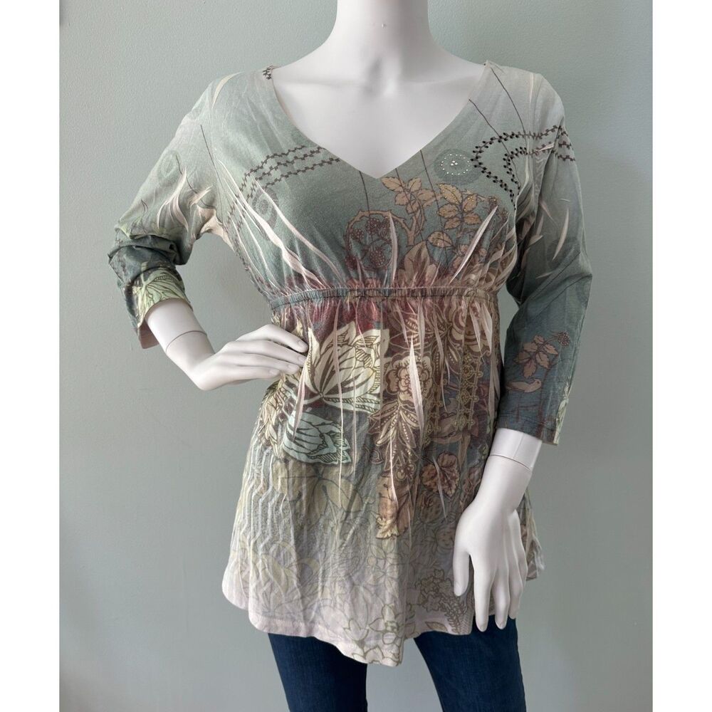 Yukiko Boho Floral Abstract Print V-Neck Tunic Top Olive Green Rust size Medium